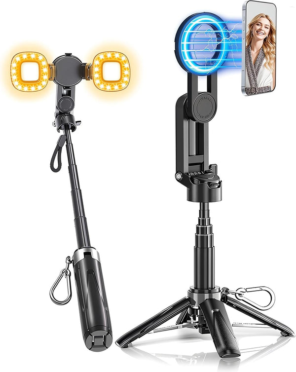 hotqueen Magnetic Selfie Stick Tripod for iPhone with Light, 4 in 1 Portable