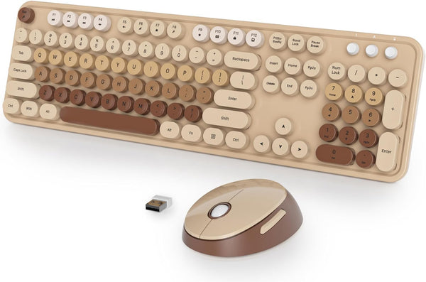 Fogruaden Wireless Keyboard and Mouse Combo, Retro Typewriter Full-Size Keyboard with Cute Mouse for Windows PC