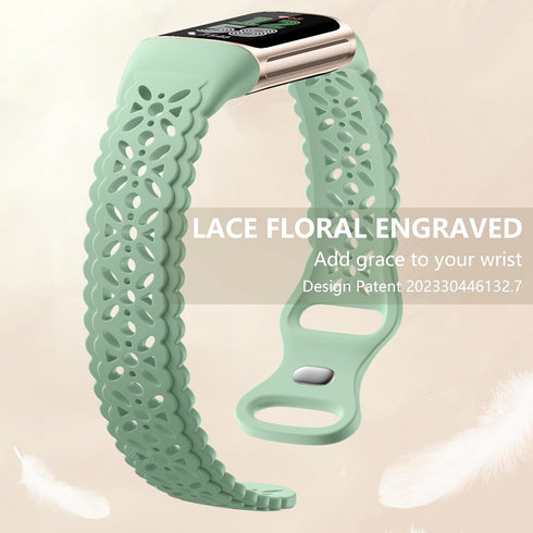 Maledan Floral Lace Band for Fitbit Charge 6 and Charge 5, Cute Soft Lilac Flower Pattern Sport Watch Strap