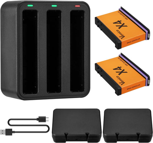 Vemico 360 X4 Batteries Charger Kit, 2500mAh Replacement X4 Batteries and USB-C 3-Channel Charger Hub