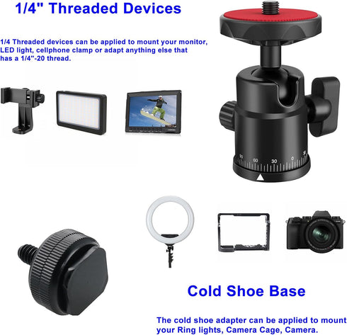 Universal 1/4" Swivel Mini Ball Head Screw Tripod Mount with Hot Shoe Mount, 360° Panoramic Rotating Base Adapter