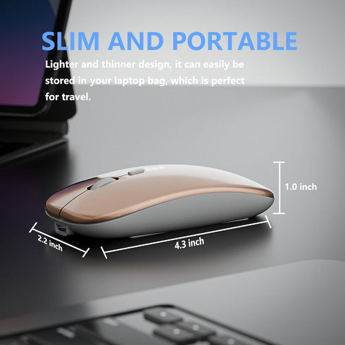 Slim Rechargeable Wireless Silent Mouse, 2.4G & Bluetooth Technology for Laptop/PC/Mac/iPad - Gold