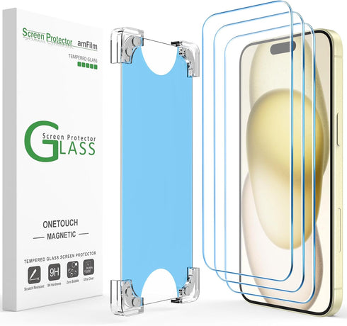 amFilm OneTouch Magnetic Screen Protector 3 Pack for iPhone 15, 6.1" Tempered Glass, 9H, Case Friendly, Easy Install