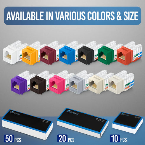 Everest Media Solutions 90° Angled CAT6/5e Keystone Jack White, Slim Profile RJ45 Female Connector, 10-Pack