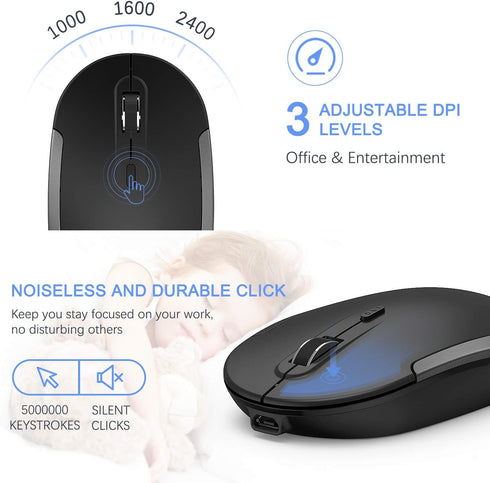 Wireless Keyboard and Mouse, Vssoplor 2.4GHz Rechargeable Compact Quiet Full-Size Combo with Nano USB Receiver, Dark
