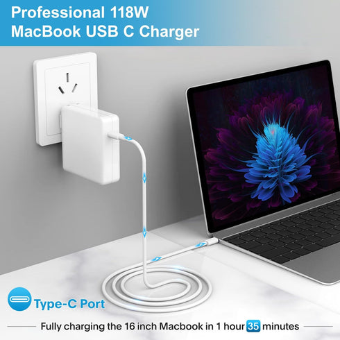MacBook Pro Charger - 118W USB C Fast Power Adapter for MacBook Pro/Air 16 15 14 13 Inch, iPad Pro, 6.6ft Cable