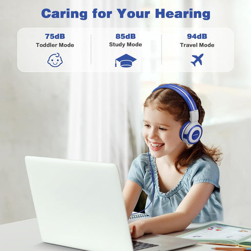 SIMOLIO Kids Headphones - Foldable On-Ear with Microphone, Volume Limited 75dB/85dB/94dB for School, Travel, Grey