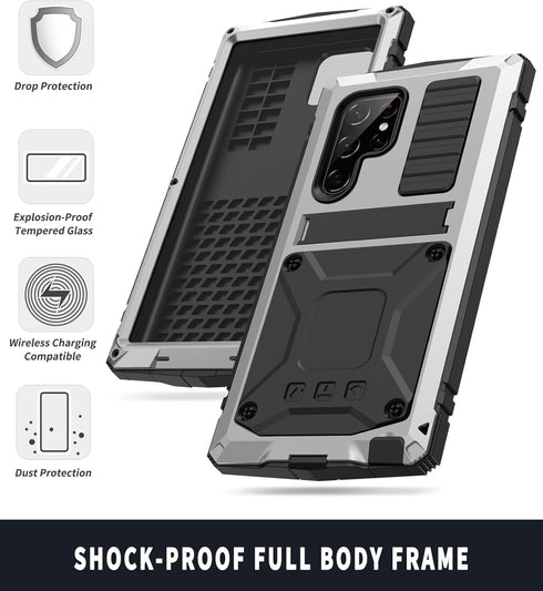 Samsung S23 Ultra Compatible Metal Case with Screen Protector, Rugged Heavy Duty Full Body Tough Case (Silver)