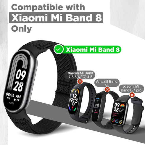 Elastic Bands for Xiaomi Mi Band 8, Stretchy Solo Loop Soft Nylon Replacement Wristband (3 PCS)