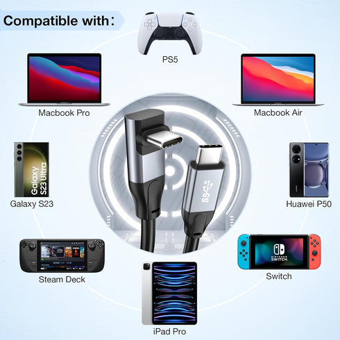USB C to USB C Cable 90 Degree, 20Gbps Data Transfer 100W Fast Charging Right Angle Cable Compatible with Samsung S23