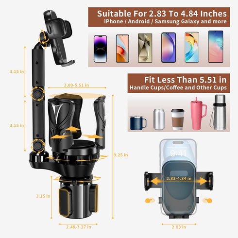 Commuters 5.31'' Phone Holders for Your Car, Adjustable Car Cup Holder Expander with Rubber Grip, Secure Hold