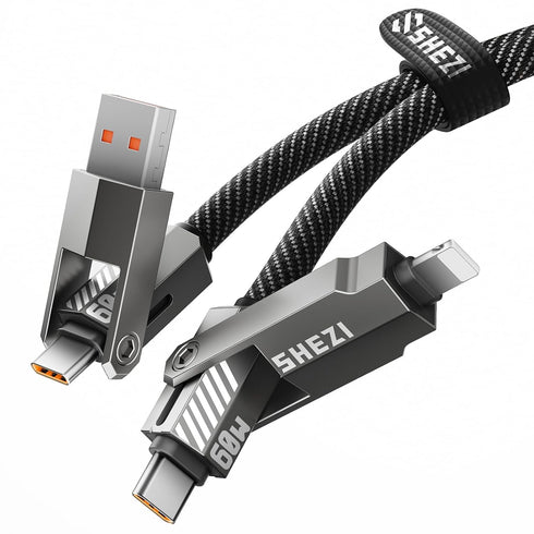 SHEZI Upgraded 4 in 1 60W 5FT USB C Cable, Nylon Braided Fast Charging iPhone Charger Cord, Grey