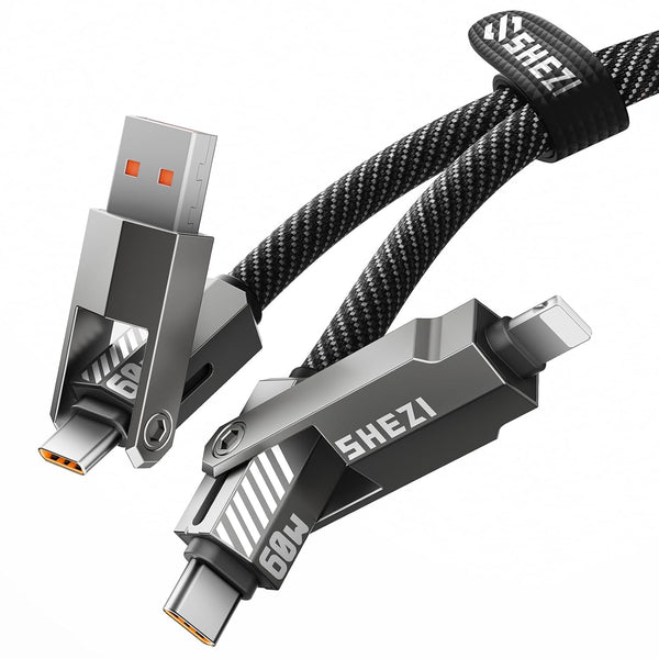 SHEZI Upgraded 4 in 1 60W 5FT USB C Cable, Nylon Braided Fast Charging iPhone Charger Cord, Grey