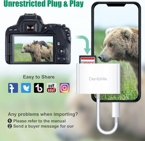 DenicMic SD CF Card Reader - Compatible with iPhone 14 13 12 11 X XS/iPad, No Need App