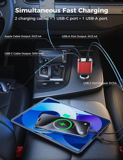 ?Upgraded?SUPERONE 4 in 1 Fast Retractable Car Charger with USB C and Apple Adapter
