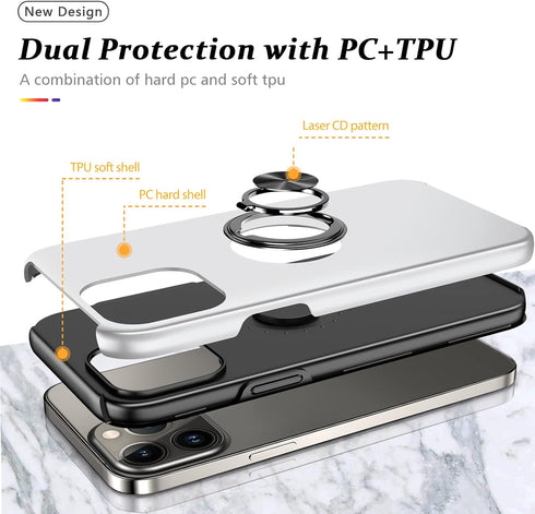 PELEPUES Shockproof Case for iPhone 13 Pro 6.1'', Military Grade Cover with Embedded Finger Ring & Metal Stand (Silver)