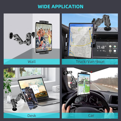 Aluminum Heavy Duty Drill Base Tablet Holder Car Mount, 14.2 Long 360 3-Stage Metal Stand for 4.7-12.9" iPad