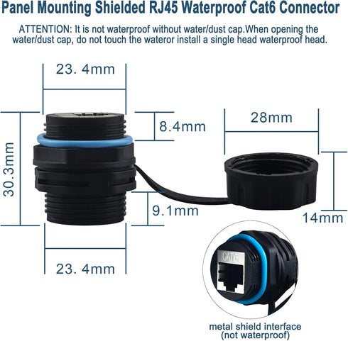 Waterproof CAT6 RJ45 Panel Mount Coupler - IP68 Shielded Industrial Ethernet LAN Pass Through Connector (2PACK)