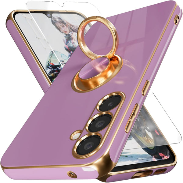 Samsung Galaxy S23 FE Case with Screen Protector, Magnetic Kickstand, 360° Rotation Ring Holder, Purple