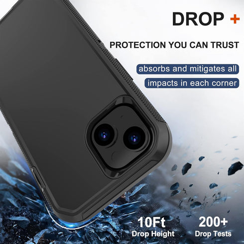 iPhone 14 Case (6.1”) - Rugged Black Heavy Duty Shockproof Cover with Belt Clip Holster & 2X Screen Protector.