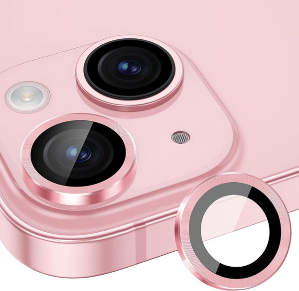 Xfilm 9H Hardness Camera Lens Protector for iPhone 15/15 Plus, Stylish Pink Metal Ring, Scratchproof & Case Friendly.