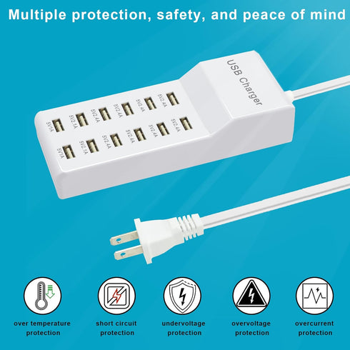 USB Charger, 12 Port USB Charging Station Hub with Fast Charging Wall Charger for Multiple Devices, Compatible with