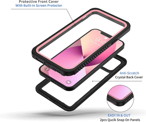 Lanhiem Waterproof Case for iPhone 12, Dustproof Shockproof with Built-in Screen Protector, Pink