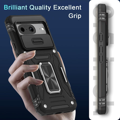 DEERLAMN Google Pixel 8 Case - Heavy Duty Black with Slide Camera Cover, Screen Protector & Rotated Ring Kickstand.
