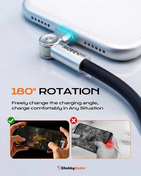240W 180 6.6ft chubbycable Chubby RotateX Dual Rotating Fast Charging Cable with LED Light Soft Silicone USB C Cable