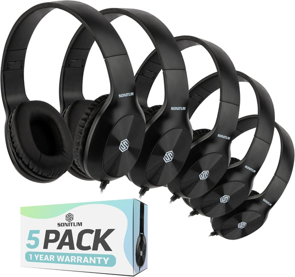 Sonitum Kids Headphones, 5-Pack, On-Ear, Adjustable, Cushioned, 3.5mm Wired, Black