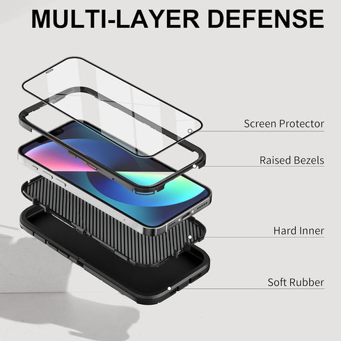 iPhone 13 Case with 2 Pack Screen Protector - Military Grade Rugged Full Body Phone Case for Men and Women (Black)