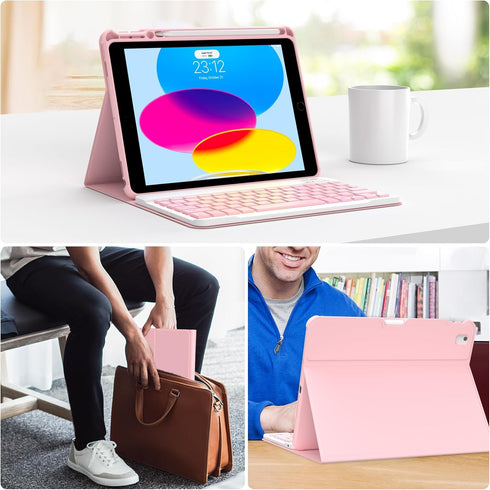 iPad 9th Generation Case with Keyboard, 7 Color Backlit Removable Bluetooth Wireless Keyboard, Pencil Holder (10.2)