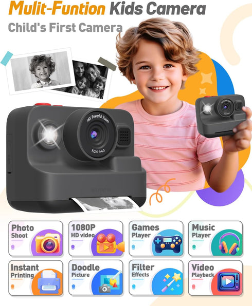 Kids Camera Instant Print, 2.4in Screen 1080P Digital Camera Toys for Kids Age 3-12, Christmas Birthday Gifts with 3