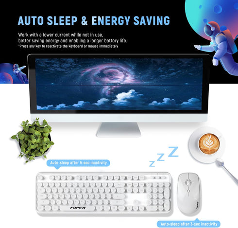 FOPETT Wireless Keyboard and Mouse Combo, 2.4G Full-Sized White Keyboard with Round Keycaps for Laptop/PC