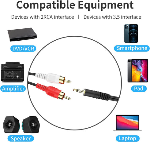 3.5mm to 2 Male RCA Cable, 6FT Stereo Audio Adapter, Braided Hi-Fi Sound Auxiliary Y Splitter, Compatible with