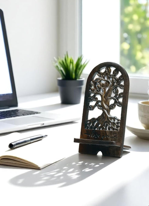 Handicraftviet - Handcrafted Wooden Tree of Life Phone Stand, Engraved I Love You Vintage Desk Docking Station