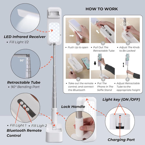 beyonday Foldable Phone Holder for Recording, Selfie Stand with Rechargeable LED Light & Wireless Remote Control