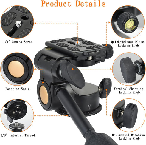 UTEBIT 11 lbs/5kg Tripod Fluid Head Tilt Head with Arca Swiss Quick Release Plate and Handle, Metal Camera Tripod Head