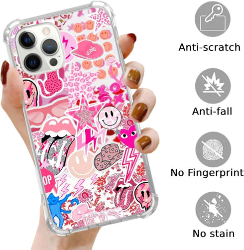 Hippie Pink Aesthetic Case for iPhone 14 Pro Max, Vintage Pink Smile Face Collage, Cool Trendy TPU Bumper Cover