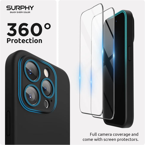 SURPHY iPhone 15 Pro Case (6.1", 2023) - Black Liquid Silicone, MagSafe Compatible + 2 Pack Screen Protectors.