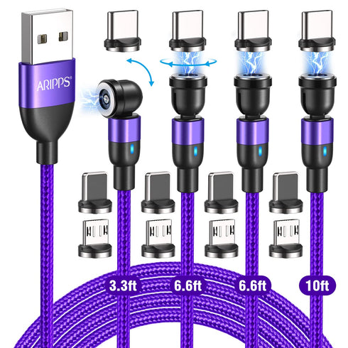 Magnetic Charging Cable 4 Pack (3.3ft/6.6ft/6.6ft/10ft), 540 Degree Rotating Magnetic Phone Charger Cable, 3 in 1 Nylon