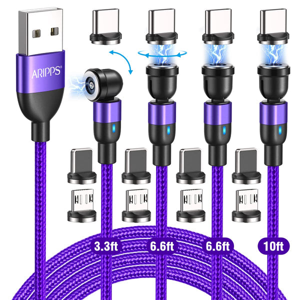 Magnetic Charging Cable 4 Pack (3.3ft/6.6ft/6.6ft/10ft), 540 Degree Rotating Magnetic Phone Charger Cable, 3 in 1 Nylon