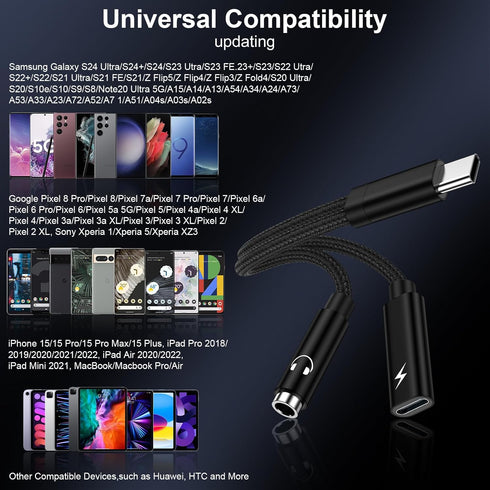 USB C to 3.5mm Headphone and Charger Adapter for Samsung Galaxy A55 A35 S24 S23 Ultra A15 A54 S22 S21, 2 in 1 Dongle