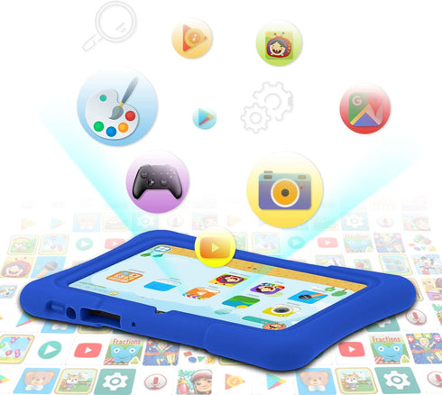 PRITOM 7 inch Kids Tablet, Quad Core Android 10, 32 GB ROM, Bluetooth, Educational with Kids-Tablet Case, Blue
