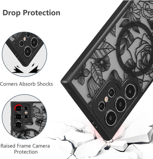 XIZYO Floral Rose Magnetic Case for Samsung Galaxy S24 Ultra - Slim TPU, Shockproof, MagSafe Compatible, Black