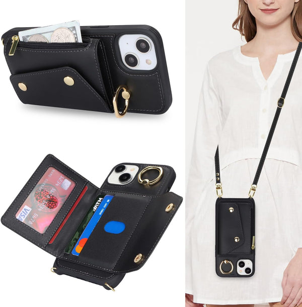 iPhone 13 Case with Card Holder and Strap, Zipper Pocket Crossbody Lanyard Strap, Cute Phone Wallet Case for Women