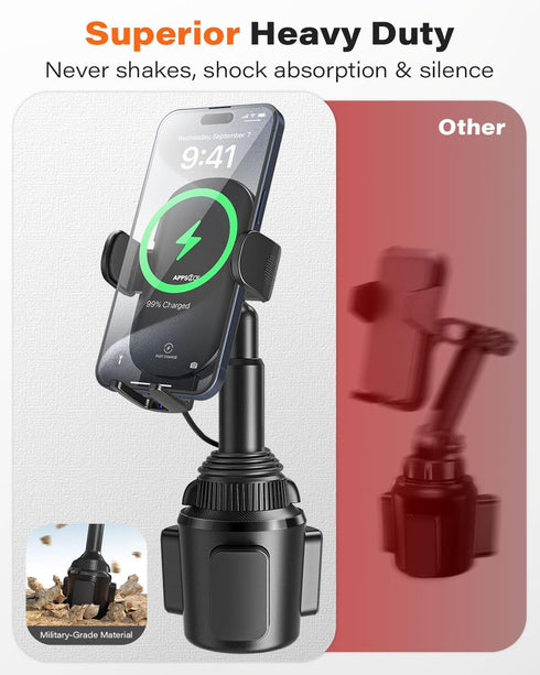 APPS2Car Solid Cup Holder Phone Mount with Wireless Charger 15W, Quick Extension Long Arm, 360 Rotatable for iPhone 15