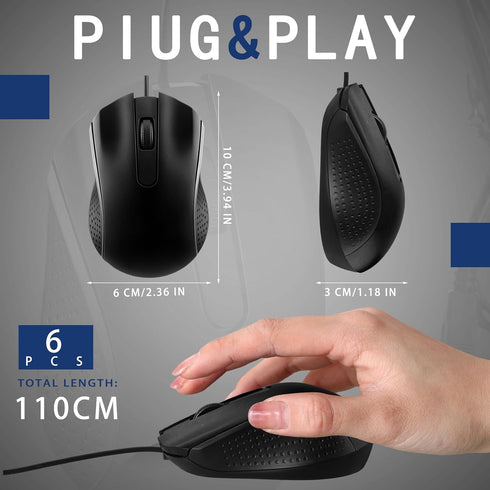 Tellegloww 6 3 Pcs Wired USB Computer Mouse Bulk Button Corded Wired Mouse for Laptop Desktop Computer Mice for PC