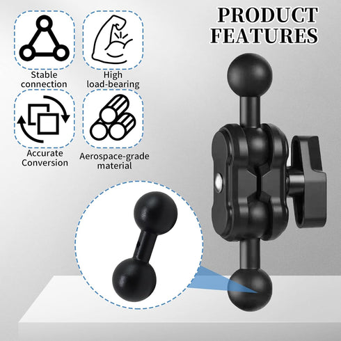 Vvluvva 1" 1-Inch Double Ball Mount Arm Adapter, Heavy-Duty Black Aluminum Alloy Ball Extension Connector