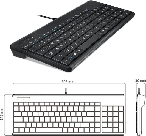 PERIBOARD-220H US Wired Compact USB Keyboard Perixx with 2 Hubs - Black - US English Layout